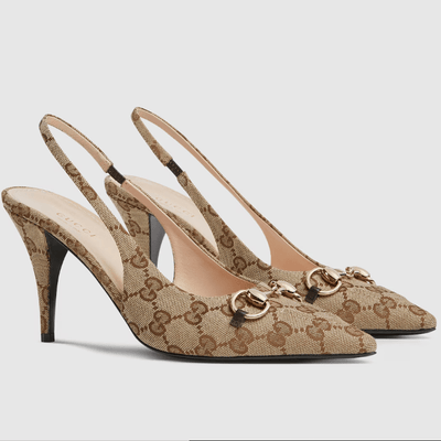 Gucci Bouncing Women’s Slingback Pump With Horsebit | Beige & Ebony GG Canvas Heels - BEAUTY BAR