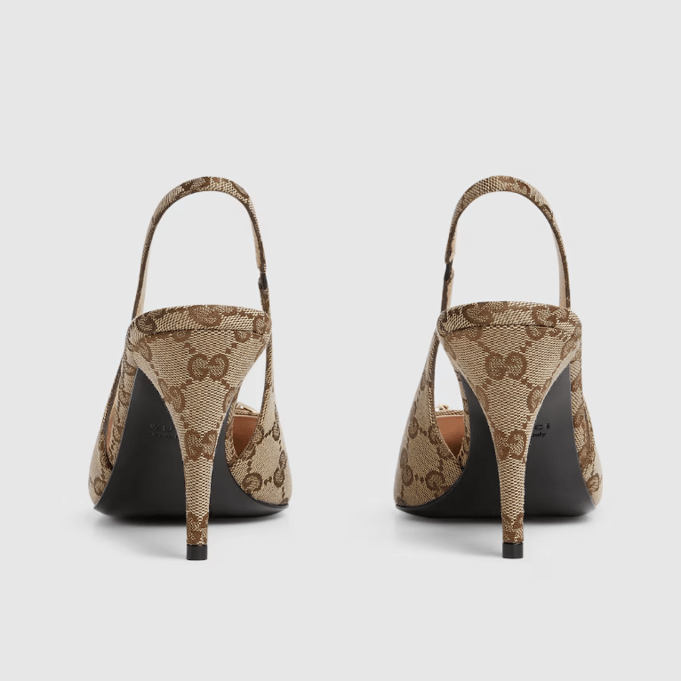 Gucci Bouncing Women’s Slingback Pump With Horsebit | Beige & Ebony GG Canvas Heels 3