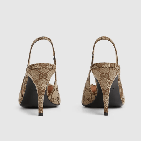 Gucci Bouncing Women’s Slingback Pump With Horsebit | Beige & Ebony GG Canvas Heels - BEAUTY BAR
