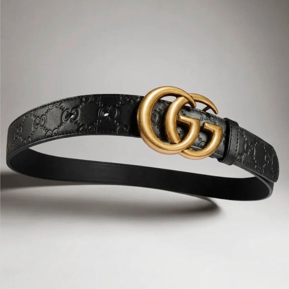 Gucci GG Marmont Black Leather Belt Antique Gold-Toned Double G Buckle 2