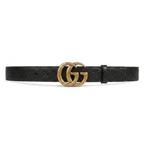 Gucci GG Marmont Black Leather Belt Antique Gold-Toned Double G Buckle