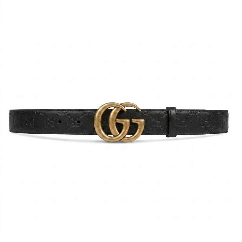 Gucci GG Marmont Black Leather Belt Antique Gold-Toned Double G Buckle