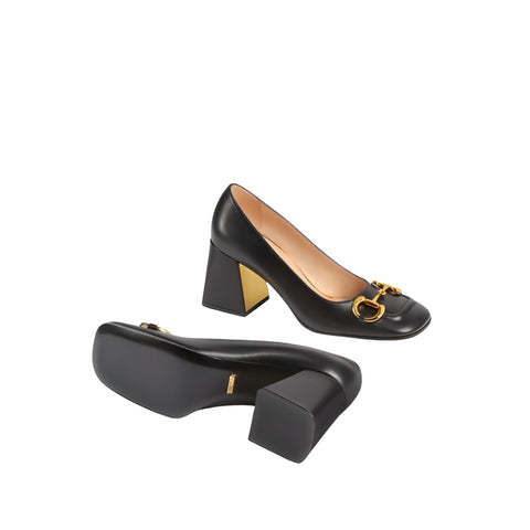 Gucci Horsebit Mid-Heel Leather Pumps Black - BEAUTY BAR