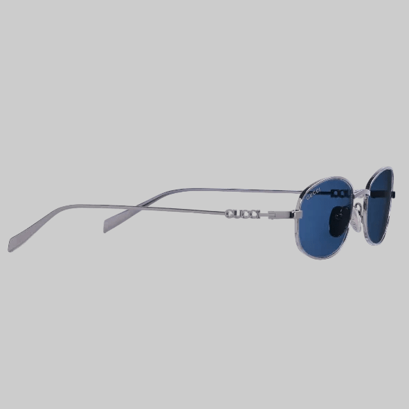 Gucci Round Metal Sunglasses With Blue Lenses and Logo Temples 2