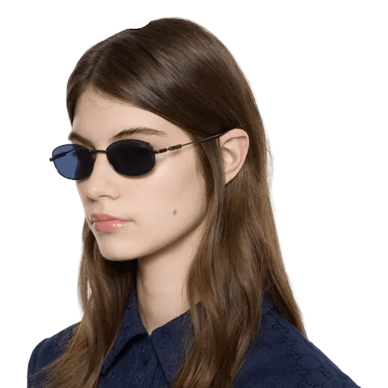Gucci Round Metal Sunglasses With Blue Lenses and Logo Temples 3
