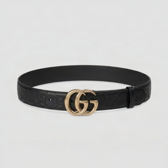 Gucci-Style Black Leather Belt Gold-Toned GG Buckle 1