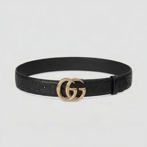 Gucci-Style Black Leather Belt Gold-Toned GG Buckle