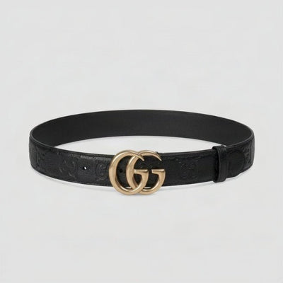 Gucci-Style Black Leather Belt Gold-Toned GG Buckle