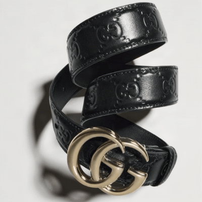 Gucci-Style Black Leather Belt Gold-Toned GG Buckle 3