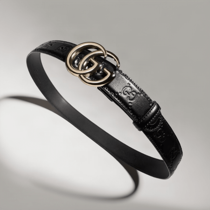 Gucci-Style Black Leather Belt Gold-Toned GG Buckle 2