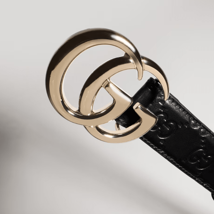 Gucci-Style Black Leather Belt Gold-Toned GG Buckle 4