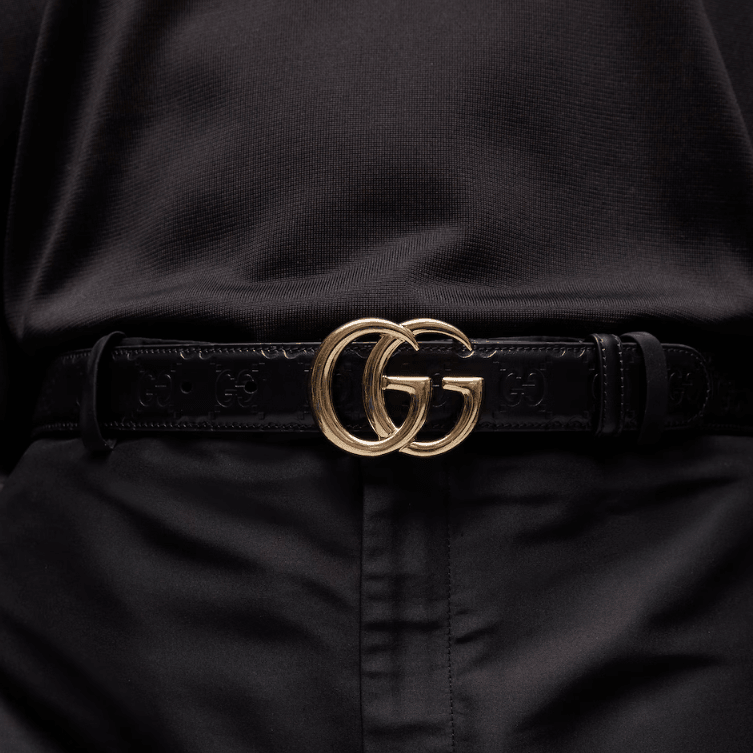 Gucci-Style Black Leather Belt Gold-Toned GG Buckle 5