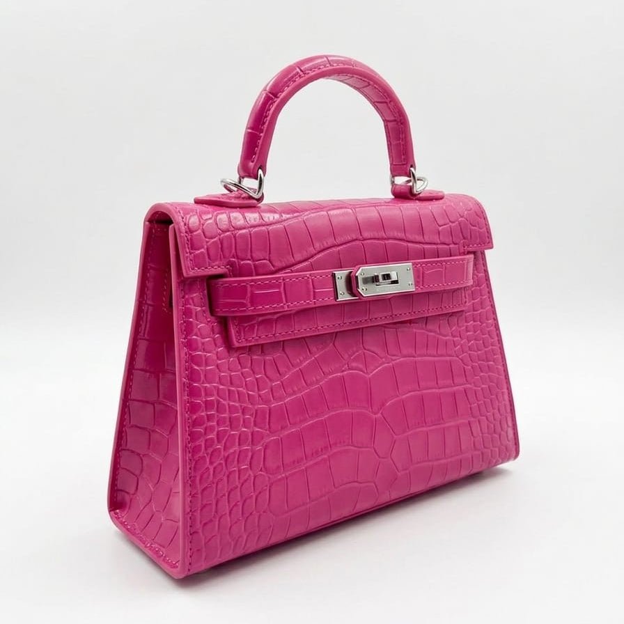 Hermès Mini Kelly 25 Croco Embossed - Fuchsia Pink with Silver Hardware 2