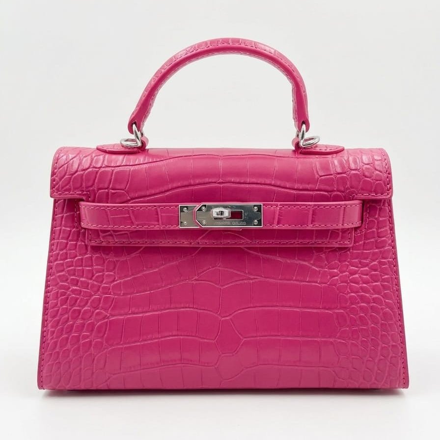 Hermès Mini Kelly 25 Croco Embossed - Fuchsia Pink with Silver Hardware 1