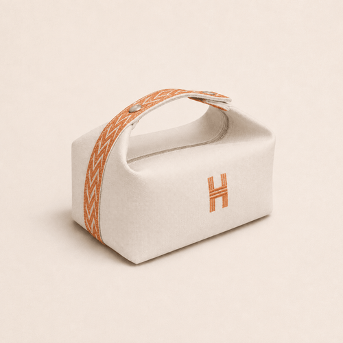 Hremes Pouch in Ecru Canvas With Orange Chevron Details - BEAUTY BAR