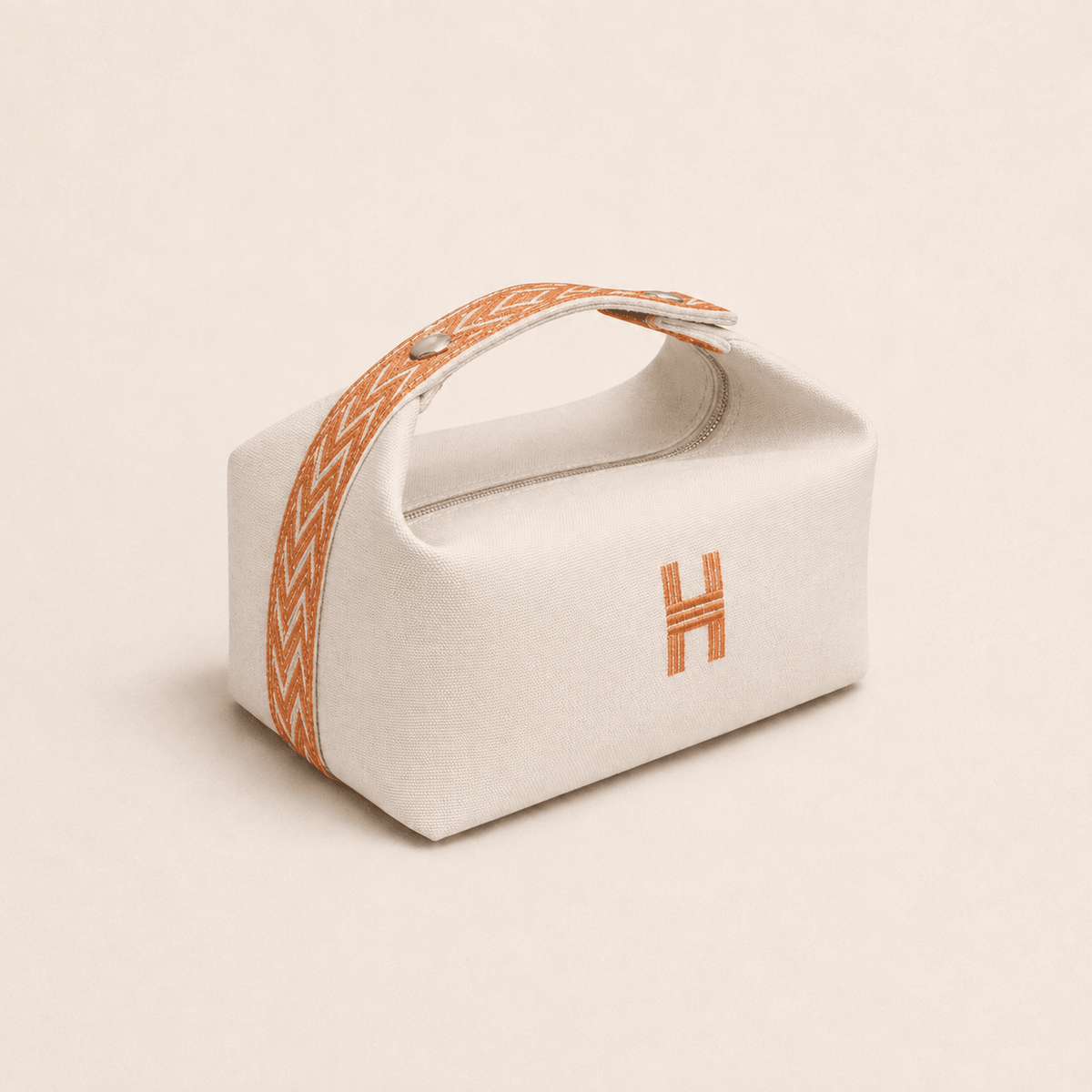 Hremes Pouch in Ecru Canvas With Orange Chevron Details 1