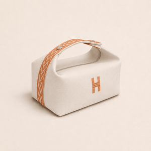 Hremes Pouch in Ecru Canvas With Orange Chevron Details
