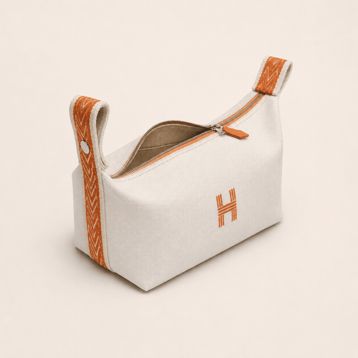 Hremes Pouch in Ecru Canvas With Orange Chevron Details 2