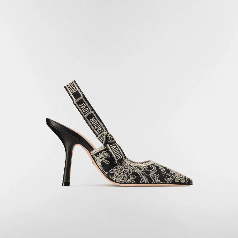 J'Adior Slingback Pump Black Cotton Embroidered With Floral Motif in Gold 3