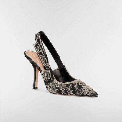 J'Adior Slingback Pump Black Cotton Embroidered With Floral Motif in Gold