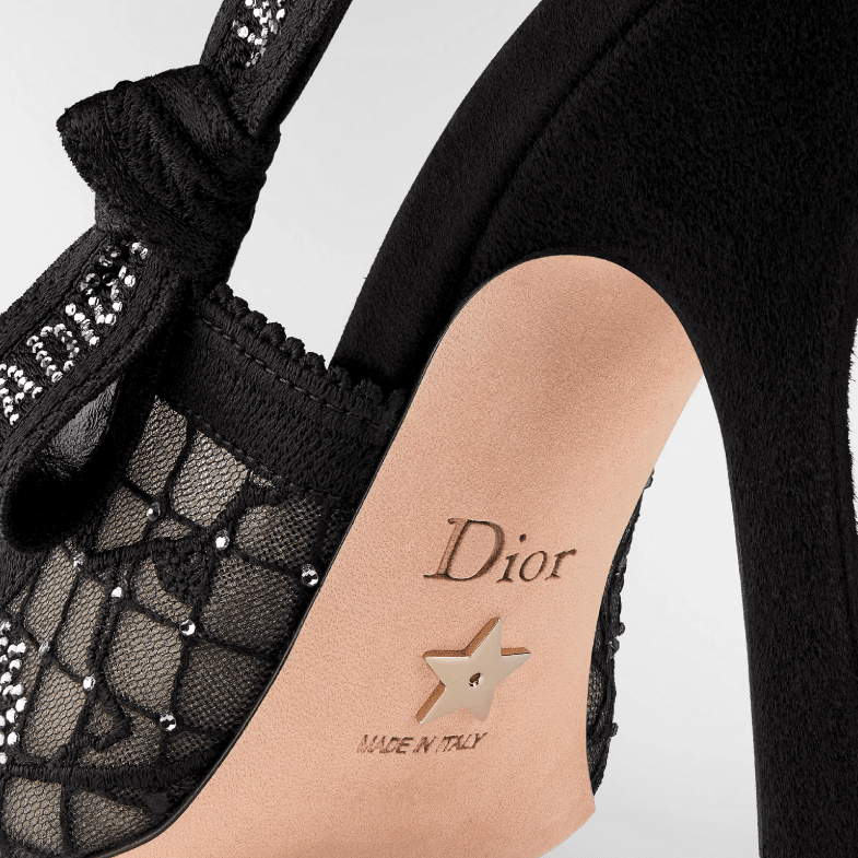 J'Adior Slingback Pump Transparent Mesh Embroidered With Black Millefiori Motif And Silver 2
