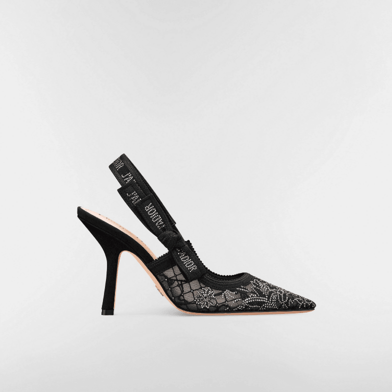 J'Adior Slingback Pump Transparent Mesh Embroidered With Black Millefiori Motif And Silver 4