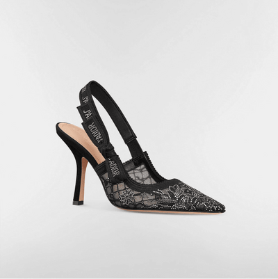 J'Adior Slingback Pump Transparent Mesh Embroidered With Black Millefiori Motif And Silver - BEAUTY BAR