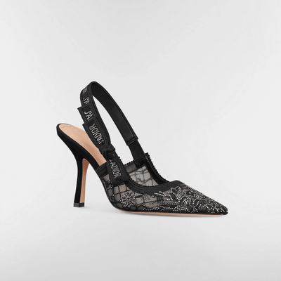 J'Adior Slingback Pump Transparent Mesh Embroidered With Black Millefiori Motif And Silver