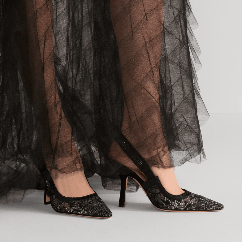 J'Adior Slingback Pump Transparent Mesh Embroidered With Black Millefiori Motif And Silver 3