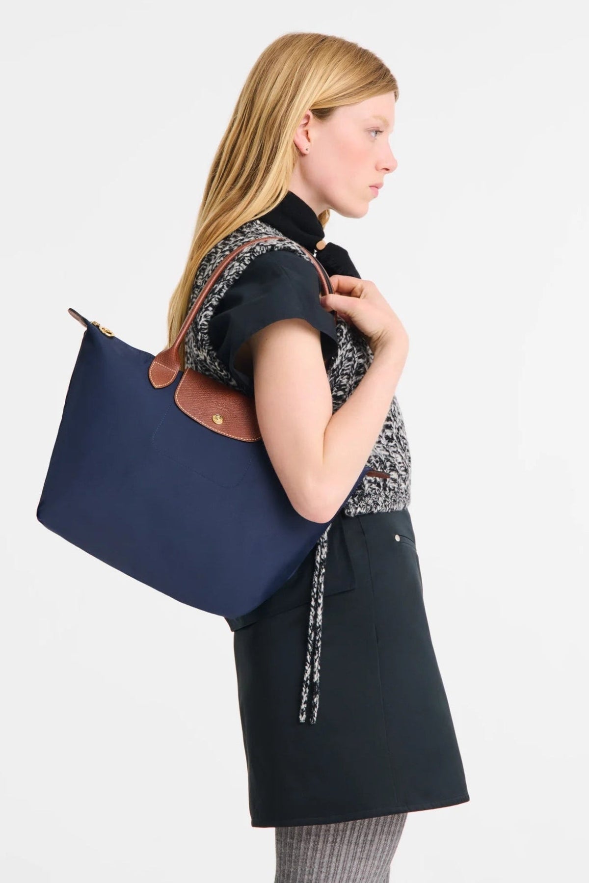 Longchamp Blue Foldable Tote Bag with Brown Leather Handles 3