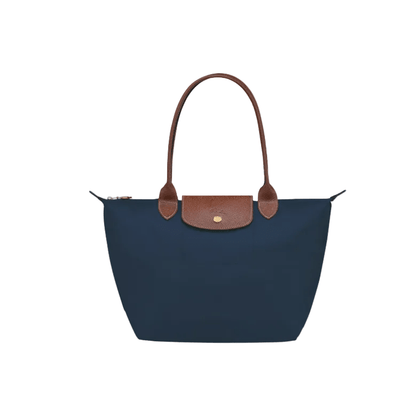 Longchamp Blue Foldable Tote Bag with Brown Leather Handles