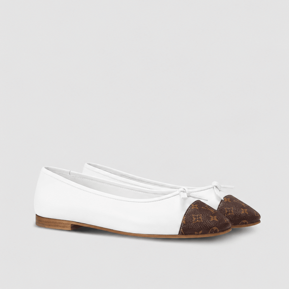 Louis Vuitton White Leather Ballet Flats with Monogram Canvas Toe Caps 1