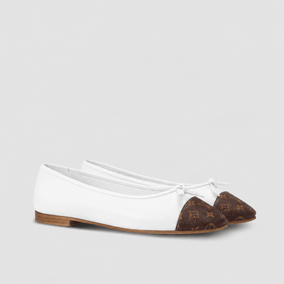 Louis Vuitton White Leather Ballet Flats with Monogram Canvas Toe Caps