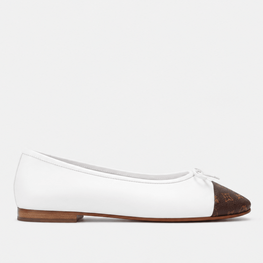 Louis Vuitton White Leather Ballet Flats with Monogram Canvas Toe Caps 3