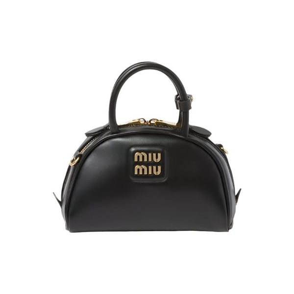 Miu Miu Leather Top-Handle Bag With Metal Lettering Logo And Gold-Tone Hardware Black