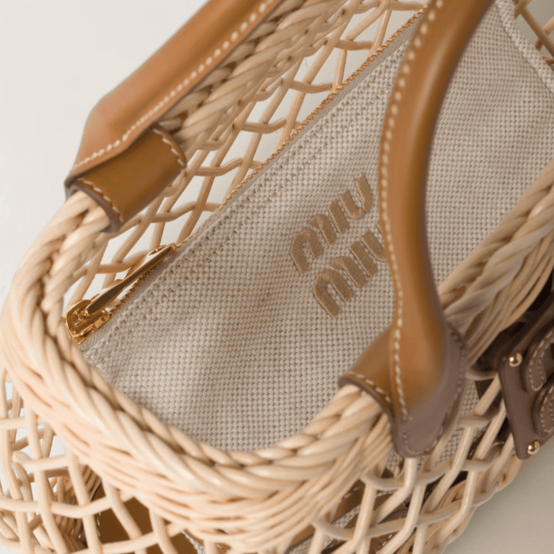 Miu Miu Woven Fabric Handbag With Leather Trim Tan/Caramel 5