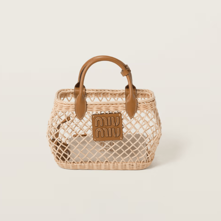 Miu Miu Woven Fabric Handbag With Leather Trim Tan/Caramel 1