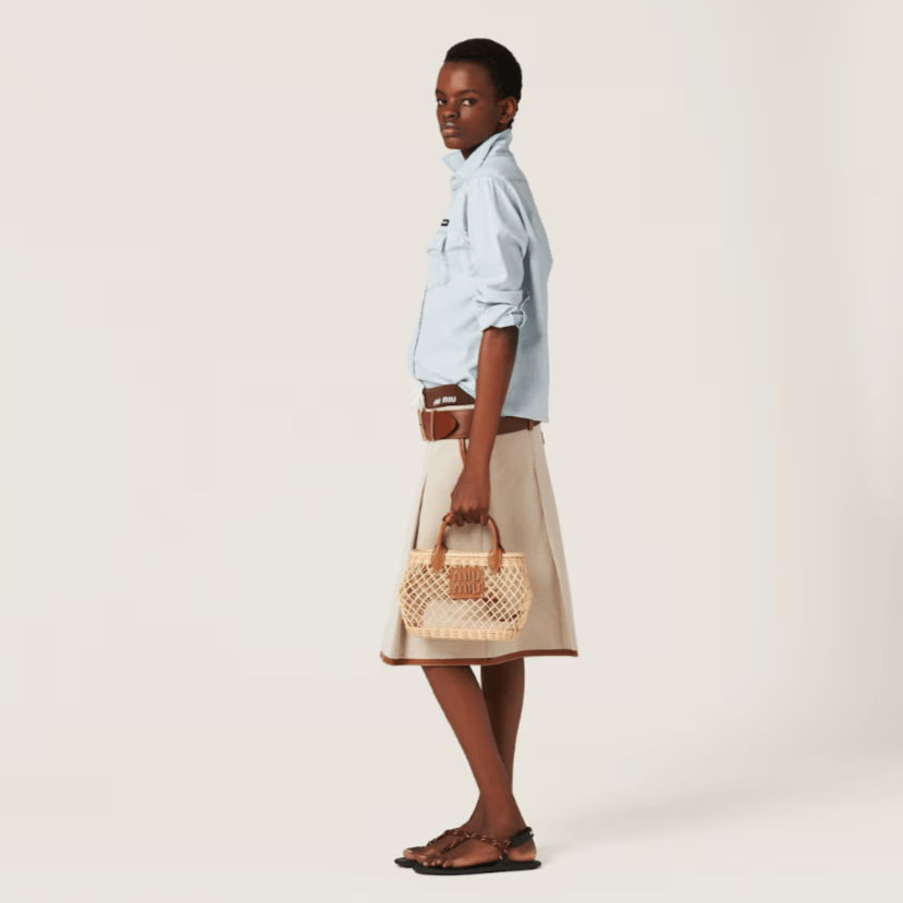 Miu Miu Woven Fabric Handbag With Leather Trim Tan/Caramel 6