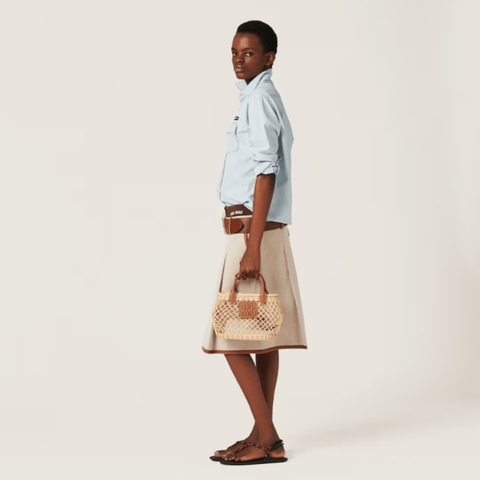 Miu Miu Woven Fabric Handbag With Leather Trim Tan/Caramel - BEAUTY BAR