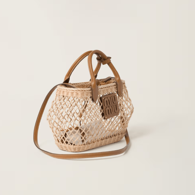 Miu Miu Woven Fabric Handbag With Leather Trim Tan/Caramel 7