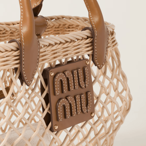 Miu Miu Woven Fabric Handbag With Leather Trim Tan/Caramel - BEAUTY BAR