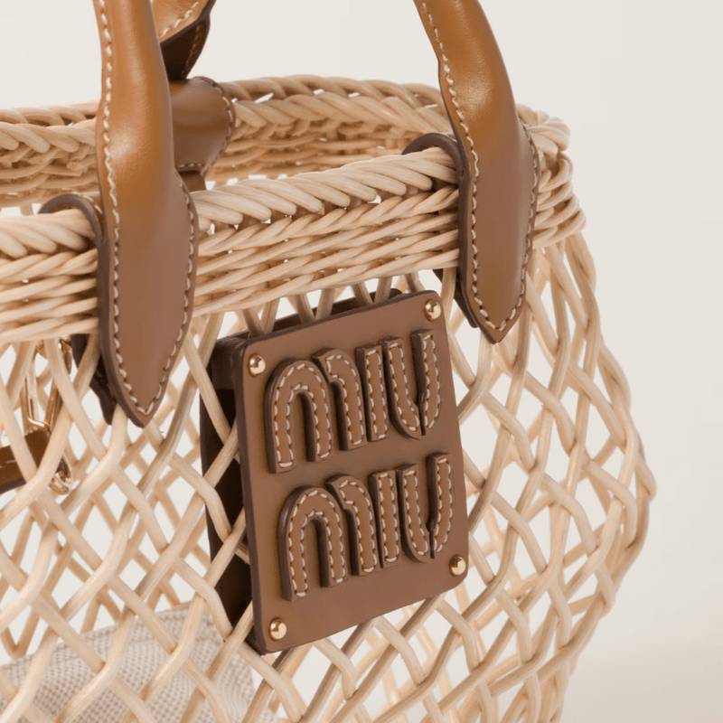 Miu Miu Woven Fabric Handbag With Leather Trim Tan/Caramel 4