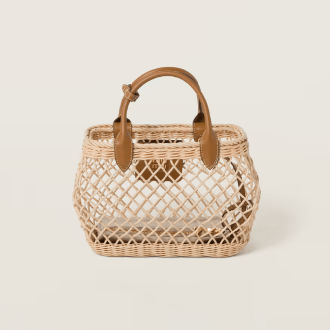 Miu Miu Woven Fabric Handbag With Leather Trim Tan/Caramel 3