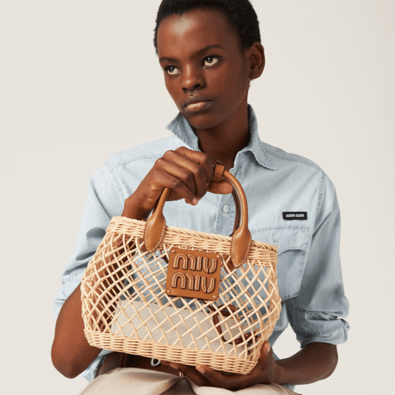 Miu Miu Woven Fabric Handbag With Leather Trim Tan/Caramel 2