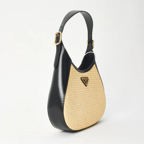 Prada Beige Raffia & Black Leather Small Cleo Bag - BEAUTY BAR