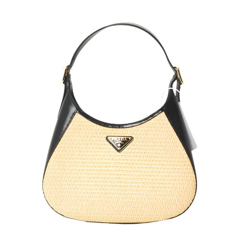 Prada Beige Raffia & Black Leather Small Cleo Bag