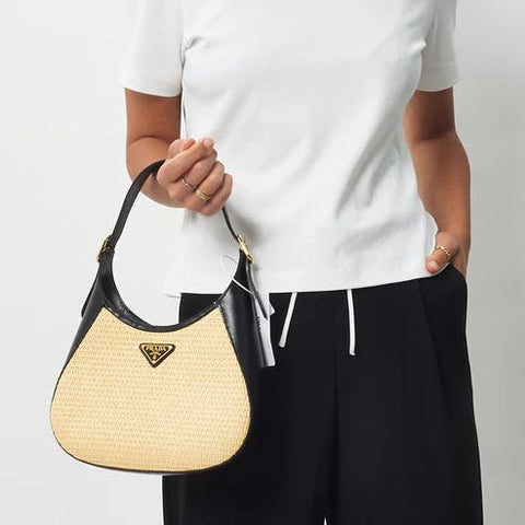 Prada Beige Raffia & Black Leather Small Cleo Bag - BEAUTY BAR