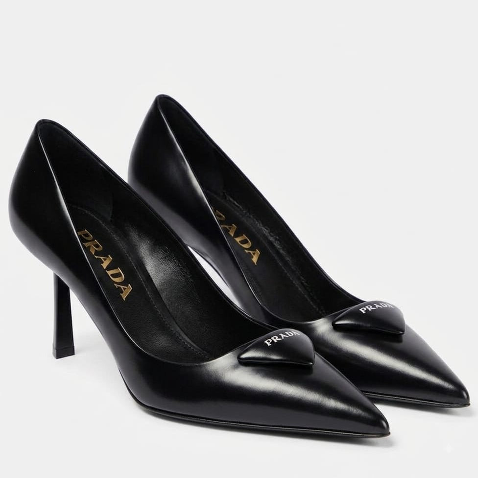 Prada Black Leather Heels Pumps Featuring a Distinctive Padded Triangle Logo 1