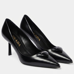 Prada Black Leather Heels Pumps Featuring a Distinctive Padded Triangle Logo