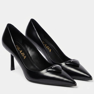 Prada Black Leather Heels Pumps Featuring a Distinctive Padded Triangle Logo